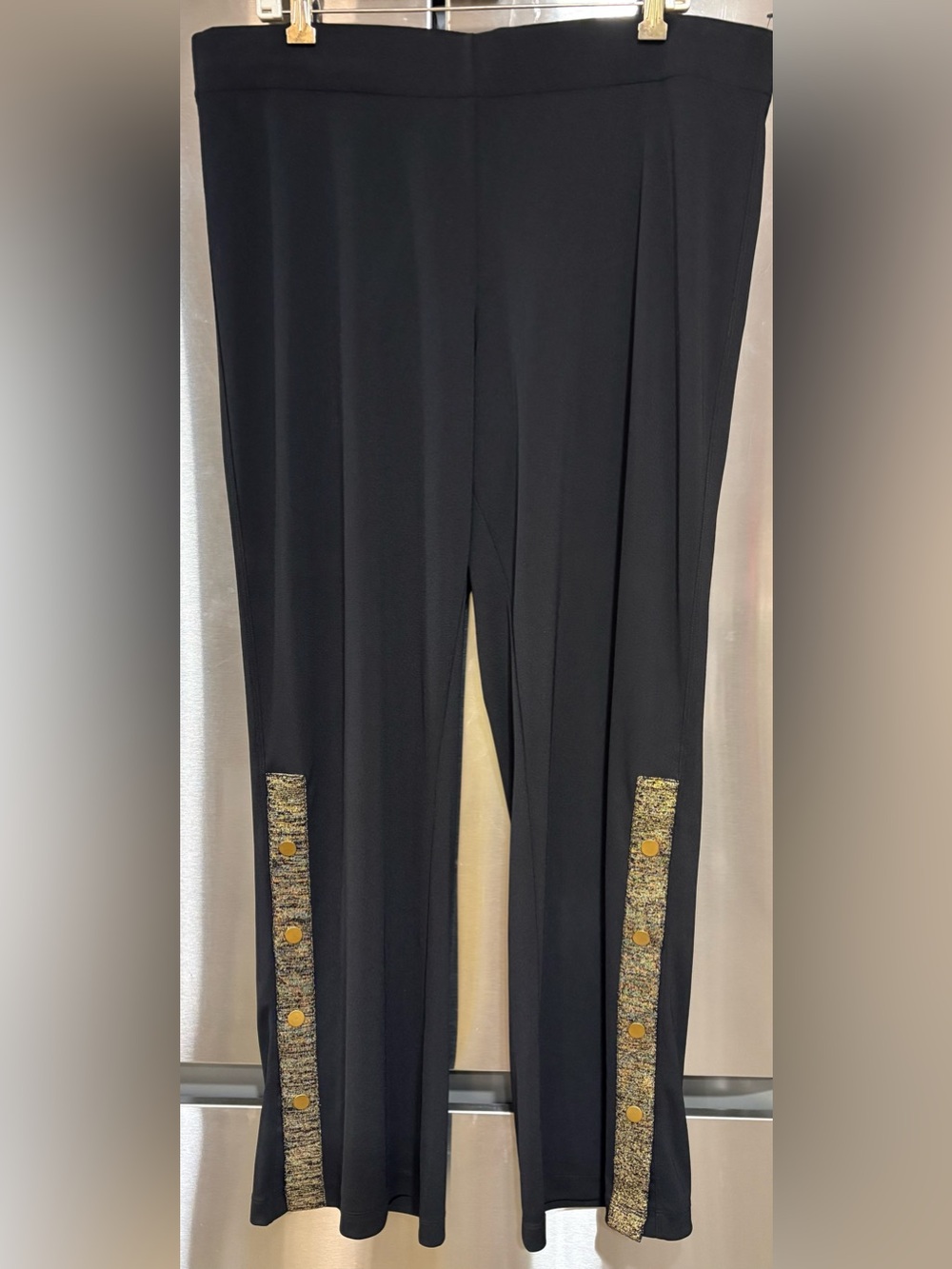 Donna Karan New York Black Straight-Leg Snap Vent Pants with Gold Trim